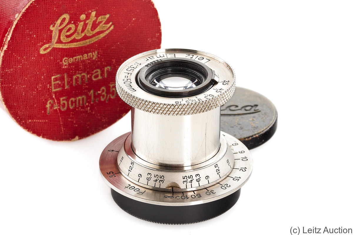Leitz: 50mm (5cm) f3.5 Elmar (SM, nickel, feet) camera